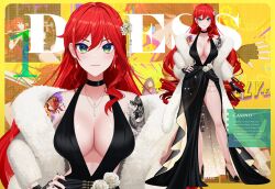 1girl absurdres arm_tattoo black_dress black_gloves black_nails black_shoes blush breasts cleavage closed_mouth dragon_tattoo dress earrings elly_(vtuber) elly_(vtuber)_(casino) english_text feather_boa finger_tattoo fingerless_gloves flower gloves green_eyes hair_between_eyes hair_flower hair_ornament hand_on_own_hip high_heels highres indie_virtual_youtuber jewelry long_hair necklace red_hair riki-to rose shoes side_slit skull_tattoo tattoo virtual_youtuber white_flower white_rose