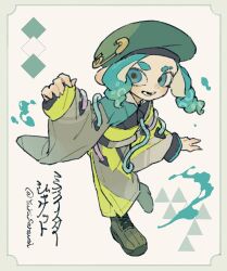 1girl beret black_kimono blue_eyes blue_hair blue_kimono boots brown_kimono commentary_request drill_hair eyebrow_cut fingernails full_body green_boots green_hat green_kimono hat highres japanese_clothes kimono long_sleeves looking_at_viewer medium_hair multicolored_kimono nintendo octoling octoling_girl octoling_player_character open_mouth p0m4_p0m4 parted_bangs sharp_fingernails sleeves_past_wrists smile solo splatoon_(series) splatoon_3 standing standing_on_one_leg tentacle_hair twin_drills wide_sleeves