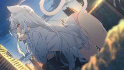 Rule 34 | 1girl, absurdres, animal ears, breath, building, cat ears, cat tail, dutch angle, evening, grey hair, hand up, highres, lace, lace panties, leaning forward, leaning on object, long hair, long sleeves, no pants, original, outdoors, panties, parted lips, pink eyes, pink panties, ruins, shiro youduki, shirt, sky, solo, standing, sunlight, tail, underwear, very long hair, white shirt