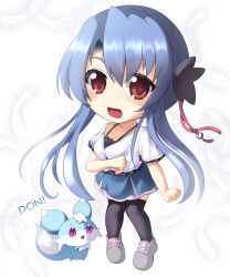 Rule 34 | 1girl, :d, absurdres, animal print, black bow, black thighhighs, blue skirt, blush, bow, braid, butterfly print, casual, chibi, chibi only, clenched hands, commentary request, crown braid, eyes visible through hair, feathers, frilled sleeves, frills, full body, hair between eyes, hair bow, hair bun, hair ribbon, hand up, hidamarinet, highres, inari (summer pockets), long hair, looking at viewer, miniskirt, open mouth, pink eyes, red eyes, red ribbon, ribbon, shirt, short sleeves, sidelocks, simple background, single hair bun, skirt, smile, solo, sorakado ao, sound effects, standing, summer pockets, tareme, thighhighs, very long hair, white background, white feathers, white shirt, zettai ryouiki