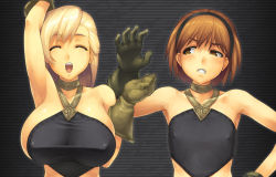 10s 2girls armpits bare_shoulders blonde_hair breast_envy breasts brown_eyes brown_hair covered_erect_nipples final_fantasy final_fantasy_xiv flat_chest gloves halterneck huge_breasts hyur long_hair multiple_girls open_mouth short_hair sideboob smile square_enix warrior_of_light_(ff14) yn_red