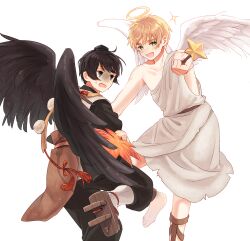 Rule 34 | 2boys, angel wings, axis powers hetalia, back, baggy pants, bare shoulders, barefoot, belt, black eyes, black hair, black hat, black pants, black shirt, blonde hair, blush, brown belt, brown shoes, collarbone, commentary request, cowboy shot, crossdressing, dress, empty eyes, feathered wings, fingernails, from behind, geta, green eyes, hair between eyes, halo, hand fan, hand up, hat, holding, holding fan, holding wand, japan (hetalia), japanese clothes, leaf, leg up, long sleeves, looking at another, looking at viewer, looking back, male focus, maple leaf, multiple boys, nervous, open mouth, pants, pink belt, pom pom (clothes), red ribbon, ribbon, shirt, shoes, short hair, simple background, sleeveless, sleeveless dress, smile, socks, sparkle, standing, standing on one leg, star (symbol), sweat, tamaki (q tamaki), tassel, tengu-geta, toenails, tokin hat, torn clothes, torn dress, united kingdom (hetalia), wand, white background, white dress, white socks, wide sleeves, wings, yellow halo