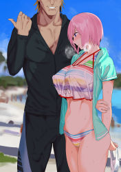 1boy 1girl absurdres aoreyo bad_id bad_pixiv_id beach bikini blush breasts bulge cheating_(relationship) dark-skinned_male dark_skin embarrassed erection erection_under_clothes faceless faceless_male fate/grand_order fate_(series) flying_sweatdrops highres holding large_breasts manly mash_kyrielight mash_kyrielight_(swimsuit_of_perpetual_summer_ver.02) navel nervous netorare nipples official_alternate_costume open_mouth outdoors pink_hair purple_eyes short_hair smile standing sweat sweatdrop swimsuit