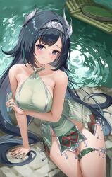 Rule 34 | 1girl, aqua sleeves, arm support, arm under breasts, black eyes, black hair, blush, breasts, closed mouth, collarbone, commentary request, dress, from above, genshin impact, green dress, hairband, highres, lan yan (genshin impact), long hair, looking at viewer, lunacle, medium breasts, metal hairband, no pants, silver hairband, sitting, sleeveless, sleeveless dress, smile, solo, thigh strap, water