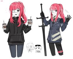 Rule 34 | 1girl, absurdres, asdf1211950, black gloves, black hoodie, blue jacket, cowboy shot, eyepatch, eyewear on head, gloves, gregor (project moon), highres, hood, hoodie, jacket, limbus company, long hair, looking at viewer, medical eyepatch, multiple views, open mouth, pink hair, ponytail, project moon, simple background, smile, sunglasses, sword, waving, weapon, white background, yuri (project moon), zwei association (identity) (project moon), zwei association south uniform, zweihander