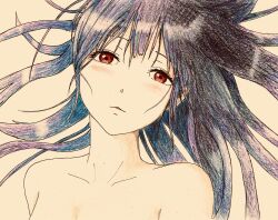 1girl bbmasa black_hair blush collarbone colored_pencil_(medium) hibike!_euphonium highres liz_to_aoi_tori long_hair looking_at_viewer lying messy_hair nude on_back orange_eyes simple_background solo traditional_media upper_body yoroizuka_mizore