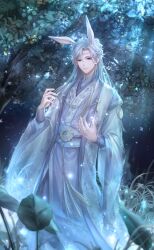1boy animal_ears artist_request baishuo_(shining_nikki) blonde_hair blue_bow blue_hanfu blue_jacket bow chinese_clothes circlet cloud cloudy_sky crescent crescent_pin dappled_moonlight eyelashes faint_moon_dew_(shining_nikki) falling_leaves feet_out_of_frame fingernails game_cg grass hair_bow hair_bun hair_ornament hanfu happy highres jacket layered_sleeves leaf light_particles long_hair long_sleeves looking_ahead male_focus moonlight night nikki_(series) official_art open_clothes open_jacket outdoors pink_eyes rabbit_ears shining_nikki sidelocks single_hair_bun sky smile solo standing tassel teeth tree very_long_hair waist_tassel wide_sleeves