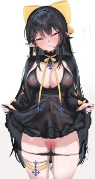 Rule 34 | 1girl, absurdres, black dress, black hair, black panties, breasts, cleavage, closed eyes, clothes lift, commission, cowboy shot, dress, dress lift, earrings, highres, jewelry, krabking, large breasts, lifting own clothes, long hair, long sleeves, mole, mole under eye, nipples, original, panties, panty pull, parted lips, pointy ears, pussy, see-through clothes, see-through dress, simple background, single earring, smile, solo, uncensored, underwear, white background