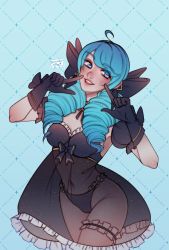 1girl ahoge black_bow black_gloves black_panties blush bow breasts cleavage covered_navel cowboy_shot dress drill_hair frilled_dress frills gloves green_eyes green_hair groin gwen_(league_of_legends) hair_bow highres large_breasts league_of_legends leaning_forward long_hair looking_at_viewer panties poposhirat puffy_short_sleeves puffy_sleeves see-through_clothes see-through_dress short_sleeves solo twin_drills twintails underwear