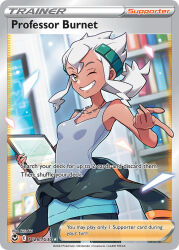 1girl artist_name bookshelf breasts card_(medium) character_name clothes_around_waist company_name copyright_name copyright_notice dark-skinned_female dark_skin english_text eyelashes grey_shirt holding indoors jewelry kirisaki_(gin16k) medium_hair necklace nintendo official_art one_eye_closed pokemon pokemon_card pokemon_sm pokemon_tcg professor_burnet shirt sleeveless sleeveless_shirt small_breasts smile solo tan teeth third-party_source trading_card white_hair yellow_eyes