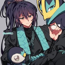 Rule 34 | 1boy, artist name, bird, black hair, black shirt, blue eyes, brown eyes, chinese clothes, closed mouth, crossover, cup, empoleon, gen 4 pokemon, hair between eyes, heterochromia, holding, holding cup, hong lu (project moon), limbus company, long hair, looking at viewer, nintendo, penguin, piplup, pokemon, pokemon (creature), ponytail, project moon, qiluge, shirt, turtleneck