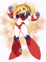 absurdres antennae armor armored_boots armored_gloves arms_up bikini_armor blonde_hair blue_eyes blurry blurry_background boots breasts glowing green_ribbon hair_ribbon hairband headphones henshin highres hyper_roll_(marvel_vs._capcom) joints kaidou_zx knee_boots knee_pads large_breasts long_hair looking_at_viewer marvel_vs._capcom mechanical_arms mechanical_boots mechanical_legs mega_man_(classic) mega_man_(series) ponytail radio_antenna red_armor ribbon robot robot_girl robot_joints roll_(mega_man) shoulder_armor sidelocks simple_background smile sparks transformation white_background