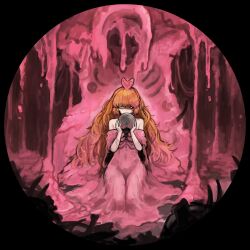 Rule 34 | 1girl, absurdres, adoration (e.g.o), badnick69 (camchi), black border, black sclera, border, colored sclera, covered navel, dress, e.g.o (project moon), full body, heterochromia, highres, ishmael (project moon), limbus company, lobotomy corporation, long hair, looking at viewer, melting love, orange hair, pink dress, project moon, sitting, skull, slime (substance), white eyes, yellow eyes