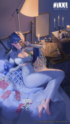 1girl arcana_(nikke) blue_hair book book_stack bracelet breasts claws commentary cosmetics desk dress english_commentary flower_hairpin goddess_of_victory:_nikke grey_eyes hair_intakes highres indoors jewelry large_breasts long_hair long_sleeves looking_at_viewer lying nail_polish nail_polish_bottle night official_art on_back on_bed ouija smile solo tray turtleneck turtleneck_dress watermark white_dress white_nails