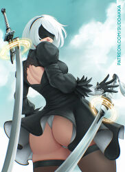 Rule 34 | 1girl, 2b (nier:automata), artist name, ass, back cutout, black dress, blindfold, blue sky, breasts, clothing cutout, cloud, cloudy sky, commentary, dress, feather trim, from behind, gloves, hairband, highleg, highleg leotard, highres, leotard, leotard under clothes, long sleeves, looking back, medium breasts, nier:automata, nier (series), puffy sleeves, short dress, short hair, sky, solo, suddakka, sword, thighhighs, thighs, weapon, weapon on back, white hair