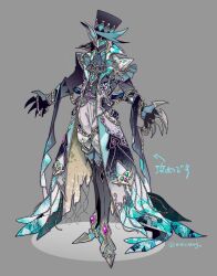 1boy alternate_costume aqua_coat aqua_shirt ascot aventurine_(boss)_(honkai:_star_rail) aventurine_(honkai:_star_rail) belt belt_buckle black_ascot black_belt black_boots black_coat black_gloves black_hat black_shawl black_vest blonde_hair boots buckle chain chain_bracelet claws coat collared_shirt colored_lapels covered_face fold-over_boots frills full_body gem gloves green_gemstone grey_background grey_pants hair_between_eyes hat highres honkai:_star_rail honkai_(series) lace lapels long_sleeves male_focus mask mensang multicolored_coat notched_lapels open_clothes open_coat outstretched_arms pants purple_gemstone shawl shirt short_hair shoulder_pads simple_background sleeve_cuffs solo spade_(shape) spread_arms standing thigh_boots top_hat torn_clothes torn_coat twitter_username two-sided_coat two-sided_fabric vest white_coat