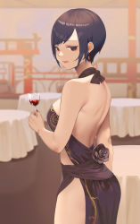 1girl absurdres ass backless_dress backless_outfit bare_arms bare_back bare_shoulders black_dress black_hair blurry blurry_background breasts china_dress chinese_clothes choker cup dress dress_flower drinking_glass earrings flower from_side hand_up highres holding indoors jewelry looking_at_viewer medium_breasts nail_polish original red_eyes rose short_hair smile solo table wangxiii wine_glass