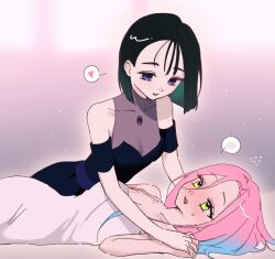 2girls alien_stage black_dress black_hair black_sleeves blue_hair blush bob_cut commentary detached_sleeves dress flying_sweatdrops heart highres holding_hands interlocked_fingers lying mizi_(alien_stage) multicolored_hair multiple_girls on_back open_mouth oracc_liu pink_hair purple_eyes short_hair short_sleeves sleeveless sleeveless_dress spoken_blush spoken_heart sua_(alien_stage) symbol-only_commentary two-tone_hair white_dress yellow_eyes yuri
