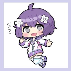 Rule 34 | 1girl, bernadetta von varley, blush, chibi, chibi only, choker, cosplay, d-pad, d-pad hair ornament, fire emblem, fire emblem: three houses, grey eyes, hair ornament, highres, hiro kayama, hood, hooded track jacket, hoodie, jacket, jewelry, long sleeves, neck ring, neptune (neptunia), neptune (neptunia) (cosplay), neptune (series), nintendo, open mouth, purple hair, short hair, simple background, socks, solo, striped clothes, striped socks, track jacket, usb, white choker