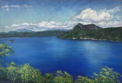 Rule 34 | artist name, blue sky, cloud, cloudy sky, day, highres, lake, mountain, mountainous horizon, no humans, norako pastel, original, outdoors, painting (medium), pastel (medium), scenery, signature, sky, traditional media, tree, water