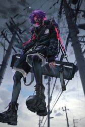 1boy ^_^ alternate_costume bag black_bag black_boots black_jacket black_pantyhose black_shirt black_shorts blurry blurry_background boots closed_eyes cloud colored_inner_hair cyberpunk duffel_bag floating from_below full_moon gas_mask highres hood hood_down jacket male_focus mask moon multicolored_hair nijisanji outdoors overcast pantyhose pantyhose_under_shorts parted_bangs pink_hair power_lines purple_hair rain shirt short_hair shorts sitting sky sleeves_past_wrists solo static two-tone_hair umirou utility_pole virtual_youtuber watarai_hibari