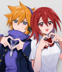 Rule 34 | 1boy, 1girl, blue eyes, bow, bowtie, closed mouth, commentary request, headphones, heart, heart hands, keiseki1, long hair, misaki shiki, open mouth, orange hair, red bow, red bowtie, red eyes, red hair, sakuraba neku, shirt, short sleeves, simple background, smile, spiked hair, subarashiki kono sekai, sweatdrop, white background, white shirt