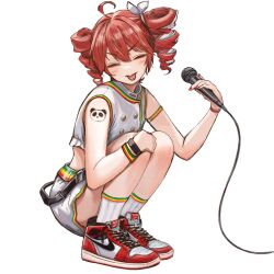 1girl ahoge alternate_costume ankle_socks black_jacket blush bow buttons cable closed_eyes commentary cropped_jacket double-breasted drill_hair hair_between_eyes hair_bow hair_ribbon hand_on_own_knee highres holding holding_microphone jacket kasane_teto kasane_teto_(sv) microphone red_hair ribbon rin-chan_now!_(rinchannow12) shoelaces shoes shoulder_tattoo simple_background sleeveless sleeveless_jacket sneakers socks solo squatting synthesizer_v tattoo tongue tongue_out transparent_background twin_drills utau white_bow white_ribbon white_shoes white_socks