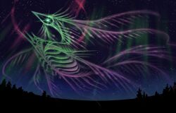 abstract aurora floating forest giant giant_monster halo highres keselum_(neganeura) monster monster_focus nature night night_sky no_humans original pink_halo scenery sky solo spines star_(sky) tendril