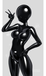 1girl absurdres artist_name black_bodysuit bodysuit breasts covered_face covered_navel cowboy_shot gimp_mask grey_background hand_on_own_hip highres impossible_bodysuit impossible_clothes latex latex_bodysuit lina_inverse maguro27 mask medium_breasts shiny_clothes simple_background skin_tight slayers solo twitter_username two-tone_background w white_background