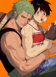 2boys biceps black_eyes black_hair black_tank_top boned_meat chewing couple crezz_(infj_crezz) dark-skinned_male dark_skin earrings eating facial_scar food food_in_mouth green_eyes green_hair hat hat_on_back head_on_another&#039;s_back jewelry looking_at_viewer male_focus meat monkey_d._luffy multiple_boys muscular muscular_male one_eye_closed one_piece orange_background puffy_cheeks roronoa_zoro scar scar_across_eye scar_on_cheek scar_on_face short_hair sideburns simple_background single_earring sitting sitting_on_lap sitting_on_person straw_hat tank_top toned toned_male upper_body yaoi