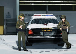 2girls absurdres baseball_cap black_hair blonde_hair body_armor brown_eyes bulletproof_vest cable_tie car cup footprints ford_crown_victoria ford_crown_victoria_(2nd_generation) grey_eyes gun hat highres holding holding_cup holster holstered los_angeles_county_sheriff&#039;s_department magazine_(weapon) motor_vehicle multiple_girls original police police_car police_uniform policewoman ponytail snow tuziki_sang weapon