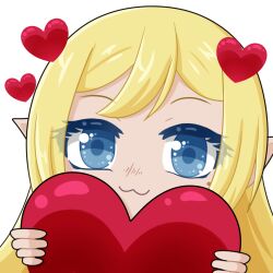1girl :3 blonde_hair blue_eyes chibi commission commissioner_upload elf emoji emoticon heart holding holding_heart long_hair looking_at_viewer lotte_farona lowres official_art pointy_ears selinanovalight smile solo tagme valentine ways_of_darkness_(series)