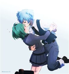 1boy 1girl ansatsu_kyoushitsu artist_name black_vest blue_hair closed_eyes collared_shirt green_hair grey_jacket grey_pants grey_skirt hand_on_another&#039;s_back holding_hands jacket kayano_kaede kunugigaoka_middle_school_uniform mmk_okikami pants school_uniform shiota_nagisa shirt short_hair short_twintails skirt twintails twitter_username vest white_shirt