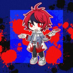 Rule 34 | 1boy, ahoge, blood, blood on clothes, blood splatter, bloody weapon, blue background, blue hair, full body, highres, holding, holding knife, holding weapon, knife, long hair, looking at viewer, male focus, matching hair/eyes, open mouth, raincoat, red eyes, red hair, simple background, solo, standing, sumino takumi, takumi-g (hundred line), the hundred line -last defense academy-, weapon