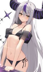 1girl absurdres ahoge arm_support bare_shoulders bikini black_bikini blush braid breasts collarbone demon_horns grey_hair hair_between_eyes highres hololive horns huge_horns inflatable_armbands la+_darknesss long_hair looking_at_breasts multicolored_hair navel pointy_ears purple_hair purple_horns side-tie_bikini_bottom sidelocks simple_background small_breasts solo streaked_hair striped_horns swimsuit thomas_8000 very_long_hair virtual_youtuber wet white_background yellow_eyes