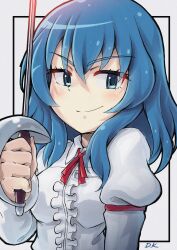 1girl absurdres blue_eyes blue_hair breasts closed_mouth collared_shirt eclair_(girls_und_panzer) frilled_shirt frills girls_und_panzer girls_und_panzer_gekitou!_maginot-sen_desu!! highres holding holding_sword holding_weapon juliet_sleeves kuroneko_douji long_hair long_sleeves looking_at_viewer maginot_school_uniform puffy_sleeves red_ribbon ribbon school_uniform shirt signature smile sword weapon white_shirt