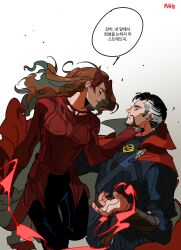 1boy 1girl aqua_eyes belt black_hair black_pants blue_eyes blue_shirt breasts brown_belt brown_hair cloak closed_mouth colored_inner_hair commentary_request cowboy_shot doctor_strange doctor_strange_(series) doctor_strange_in_the_multiverse_of_madness dress facial_hair fingerless_gloves fingernails floating_clothes floating_hair gloves gradient_background green_hair grey_background hand_up highres jewelry karmaho korean_commentary korean_text long_hair long_sleeves looking_at_another magic marvel marvel_cinematic_universe mask mask_on_head medium_breasts multicolored_hair neck_grab necklace pants pink_lips red_cloak red_dress red_gloves red_mask scarlet_witch shirt short_hair simple_background speech_bubble standing standing_on_one_leg streaked_hair teeth translation_request wanda_maximoff wavy_hair white_background white_hair