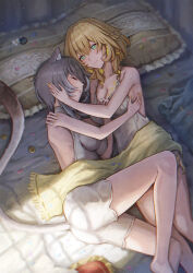 2girls aglaea_(honkai:_star_rail) animal_ear_fluff animal_ears barefoot blonde_hair breast_tattoo breasts cat_ears cat_girl cat_tail cipher_(honkai:_star_rail) cleavage commentary_request cuddling gold_tattoo green_eyes grey_hair grey_nightgown highres honkai:_star_rail honkai_(series) isome large_breasts multiple_girls on_bed pillow short_hair smile tail tattoo