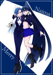 2girls absurdly_long_hair ado_(utaite) ahoge bikini black_bikini black_boots black_gloves black_hair black_shirt black_shoes blue_eyes blue_hair blue_pants blue_ribbon blue_skirt blue_vest boots breasts character_name commentary_request finger_gun gloves hair_between_eyes hand_on_another&#039;s_waist highres long_hair long_hair_between_eyes merry_(ado) multiple_girls naima_(ado) navel neck_ribbon nori_(norinori_yrl) open_clothes open_shirt pants pleated_skirt readymade_(ado) ribbon shirt shoes skirt stomach swimsuit underboob usseewa very_long_hair vest white_shirt