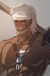 1boy bara braid dark-skinned_male dark_skin facial_mark final_fantasy final_fantasy_xiv grin headband highres holding holding_polearm holding_weapon hyur jewelry kbaeso long_hair lyon_rem_helsos male_focus mature_male muscular muscular_male necklace old old_man polearm scar scar_on_face scar_on_nose side_braid sideways_glance sketch smile tooth_necklace tribal upper_body weapon white_hair white_headband