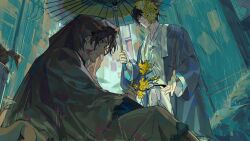 2boys alley baihuahua5441 blood blood_splatter brown_raincoat dark-skinned_male dark_skin e.g.o_(project_moon) flower flower_on_face hanbok heathcliff_(project_moon) highres holding holding_flower holding_umbrella korean_clothes limbus_company male_focus multiple_boys project_moon rain raincoat spicebush_(e.g.o) sunshower_(e.g.o) technology_liberation_alliance_(identity)_(project_moon) torn_clothes umbrella white_hanbok yellow_eyes yellow_flower yi_sang_(project_moon)