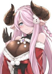 1girl absurdres black_gloves blue_eyes blush braid breasts christmas demon_horns draph dress fur-trimmed_dress fur_trim gloves granblue_fantasy hair_over_one_eye hand_up highres horns kurakura_s3 large_breasts light_purple_hair long_hair looking_at_viewer low_tied_hair narmaya_(granblue_fantasy) narmaya_(holiday)_(granblue_fantasy) pointy_ears purple_hair red_dress single_braid snowman_hair_ornament solo white_background