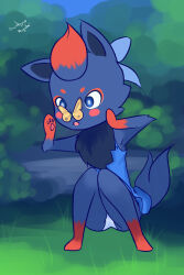 1girl animal animal_ears animal_hands animal_on_face barefoot black_fur black_hair blue_bow blue_dress blue_eyes bow bug butterfly drantyno dress forest fox fox_ears fox_girl fox_tail furry gen_5_pokemon grass hair_bow insect insect_on_nose multicolored_hair nature nintendo open_mouth panties pantyshot pokemon pokemon_(creature) pokemon_bw red_fur red_hair short_hair sky sleeveless sleeveless_dress squatting surprised tail teeth tree two-tone_hair underwear white_panties zorua