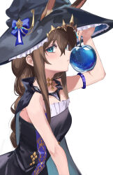 Rule 34 | 1girl, absurdres, ambience synesthesia, amiya (arknights), amiya (medic) (arknights), amiya (medic) (solo around the world) (arknights), animal ears, apple, aqua eyes, arknights, arm up, armlet, bare shoulders, black cape, black hat, blue apple, brown hair, cape, commentary, ears through headwear, food, frilled headwear, fruit, hair between eyes, hat, highres, holding, holding food, holding fruit, jewelry, long hair, official alternate costume, parted lips, profile, remapack77, sidelocks, simple background, solo, upper body, white background, witch hat
