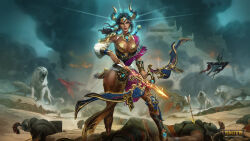 1girl 6+boys absurdres armor arrow_(projectile) black_hair bow_(weapon) breasts circlet cleavage corpse dark-skinned_female dark_skin detached_sleeves english_text gold green_eyes highres holding holding_bow_(weapon) holding_weapon horns ishtar_(smite) lion logo looking_at_viewer medium_breasts multiple_boys official_art pelvic_curtain quiver single_sleeve smite smoke solo_focus weapon white_sleeves