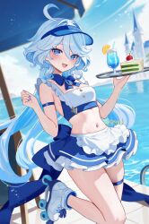 1girl alternate_costume apron arm_strap blue_eyes blue_hair blue_skirt breasts cake cake_slice crop_top day drop-shaped_pupils eyelash_ornament food furina_(genshin_impact) genshin_impact glass heterochromia highres holding holding_tray leg_up light_particles long_hair looking_at_viewer midriff navel pleated_skirt pool poolside roller_skates rrr_gns_(riuriu_1212) shoes skates skirt small_breasts solo stomach symbol-shaped_pupils tray visor_cap waist_apron wavy_hair white_shoes