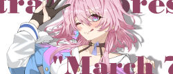 Rule 34 | 1girl, absurdres, archery shooting glove, black choker, black gloves, blue eyes, blue jacket, blush, bra strap, buttons, character name, choker, closed mouth, collarbone, commentary, drop shadow, earrings, english commentary, gloves, highres, honkai: star rail, honkai (series), jacket, jewelry, kuroine, long sleeves, march 7th (honkai: star rail), march 7th (preservation) (honkai: star rail), medium hair, mindscape cinema (zenless zone zero), multicolored eyes, off-shoulder jacket, off shoulder, one eye closed, partially fingerless gloves, pink eyes, pink hair, pink jacket, shirt, single earring, single glove, smile, tongue, tongue out, two-tone eyes, v, variant set, white shirt