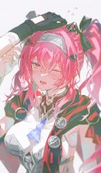 1boy 1girl absurdres armor black_bow black_gloves bow breastplate breasts collar commentary_request earrings flying_sweatdrops gloves hair_between_eyes hair_bow hairband headgear headpat highres hikaku_(siyrgr) jewelry long_hair lupa_(wuthering_waves) male_rover_(wuthering_waves) medium_breasts metal_collar metal_hairband one_eye_closed open_mouth pink_hair red_pupils red_sash rover_(wuthering_waves) sash tacet_mark_(wuthering_waves) upper_body wuthering_waves yellow_eyes