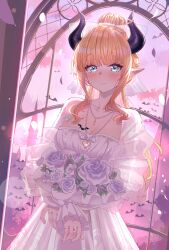 1girl absurdres blonde_hair blue_eyes blush bouquet breast_tattoo breasts cleavage closed_mouth demon_girl demon_horns dress flower hair_bun highres holding holding_bouquet hololive horns jewelry large_breasts long_hair looking_at_viewer necklace official_alternate_costume official_alternate_hairstyle pointy_ears smile solo tattoo user_xteu5543 virtual_youtuber white_dress white_flower winged_heart_tattoo yuzuki_choco yuzuki_choco_(sleepwear)