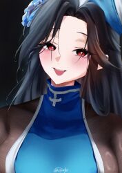 Rule 34 | 1girl, black hair, bodystocking, braid, braided ponytail, breasts, cross, earrings, goddess of victory: nikke, hat, holding, jewelry, large breasts, long hair, looking at viewer, maiden (ice rose) (nikke), maiden (nikke), official alternate costume, rainatsuu, red eyes, smile, solo, torn bodystocking, torn clothes, very long hair